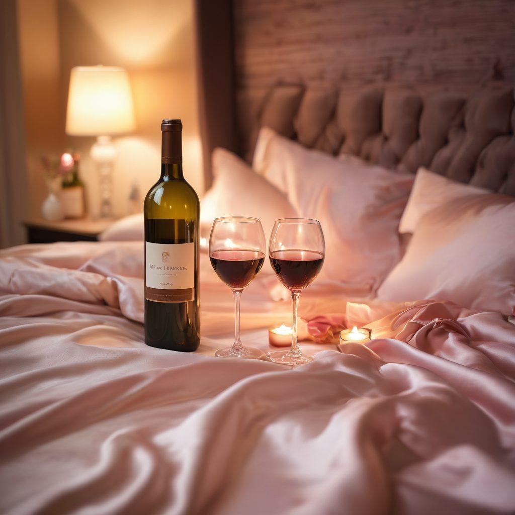 A warm candlelit room with soft silk sheets, a bottle of wine and two glasses, surrounded by intimate decor. A couple flirting playfully, sharing laughs while holding hands, embodying the essence of romance and adventure. Gentle pastel colors with a soft-focus effect to enhance intimacy. super-realistic. warm colors. soft focus.