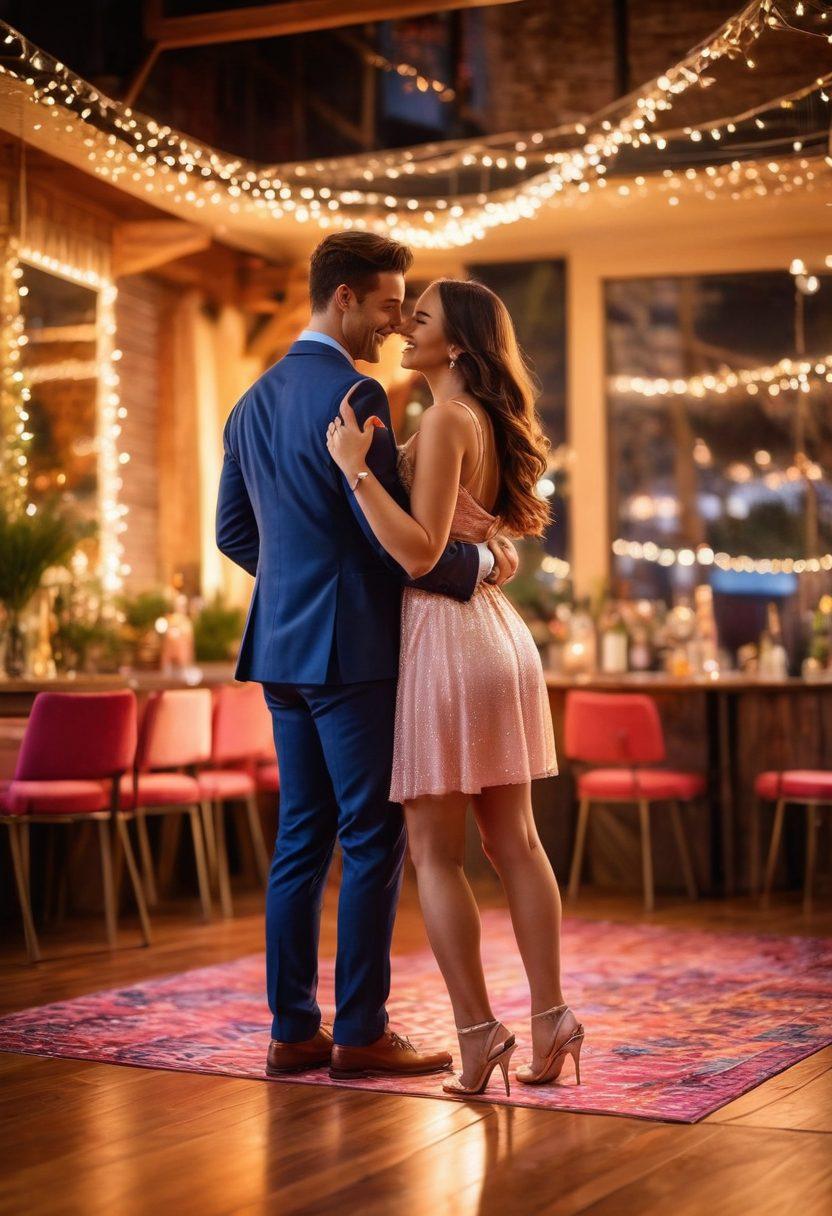 A charismatic couple at a lively social gathering, radiating confidence and warmth, surrounded by an enchanting ambiance of twinkling lights and soft, romantic colors. The scene captures playful interactions with friends, showcasing laughter and flirtation. Include elements like colorful cocktails, a vibrant dance floor, and an inviting atmosphere. Use a soft-focus effect to enhance the warmth of the moment. vibrant colors. dreamy atmosphere. soft-focus.